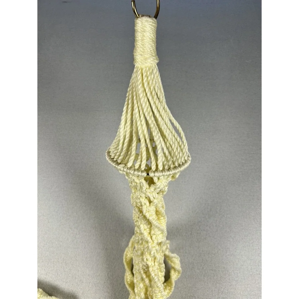 Vintage 1970s Macramé Plant Hanger Boho Yellow Rope with Wood Beads 62